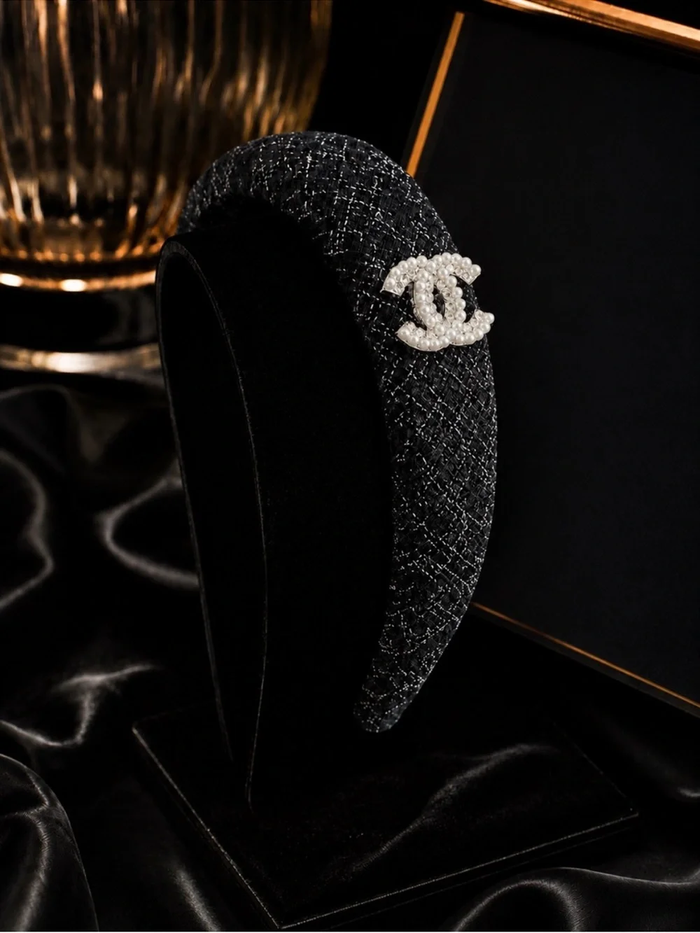Black Tweed Headband with Pearl Embellished CC Accent